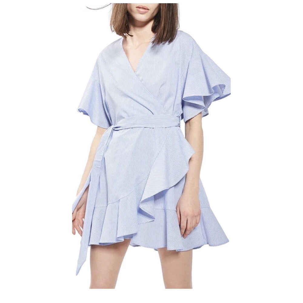 Lady SZ Medium STRIPED RUFFLE COTTON WRAP MINI DRESS PREPPY SUMMER. No Belt.